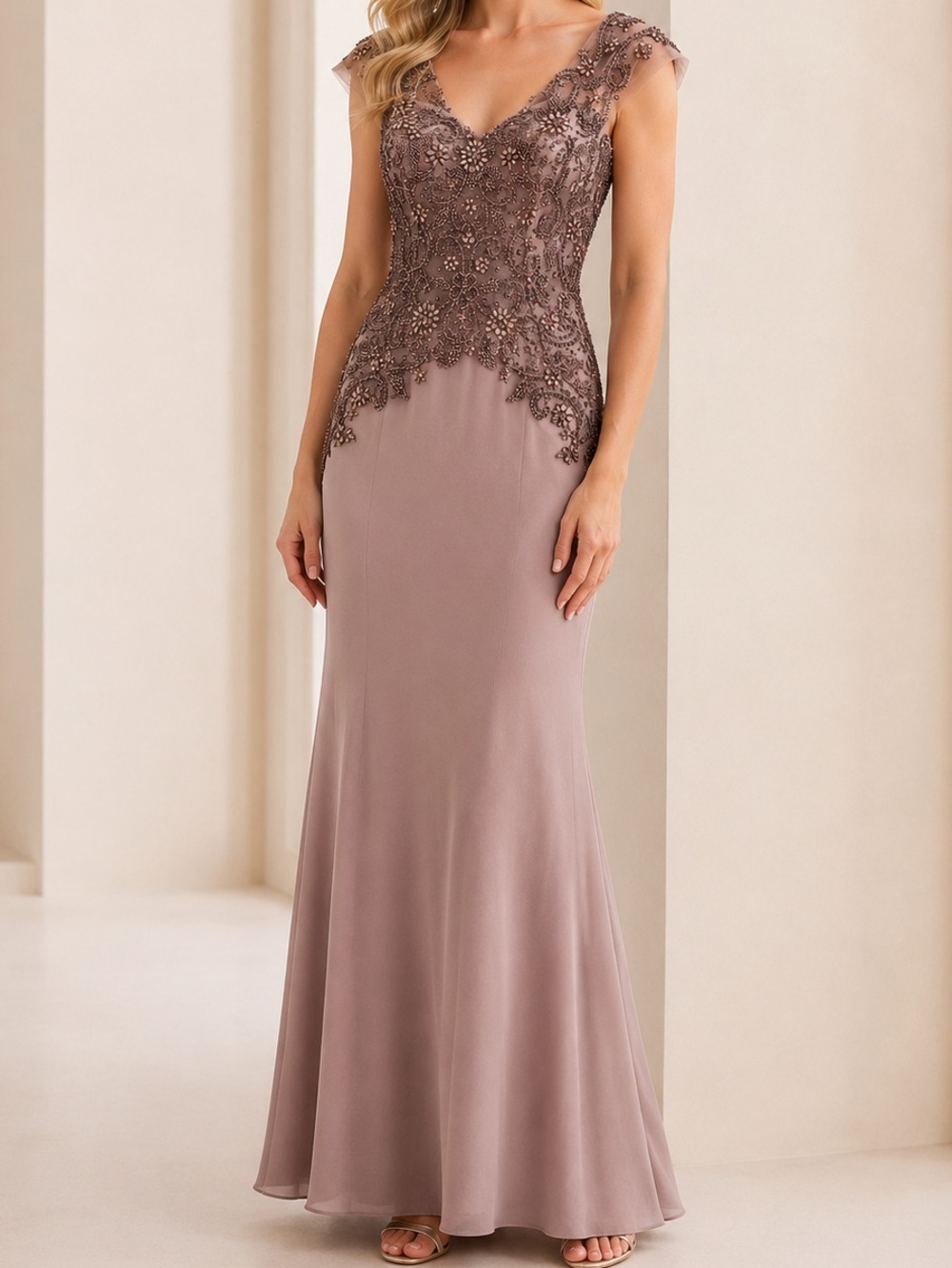 Montage by Mon Cheri Blush Pink Mauve Rose Gold Beaded Formal Gown